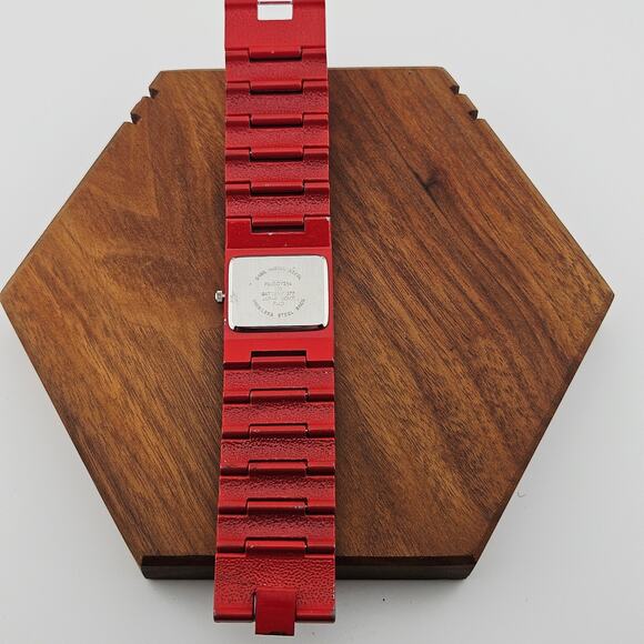 Red Studded Wide Band Bracelet Watch Art Deco Cube Chunky Bold Cosplay Costume - Picture 5 of 7